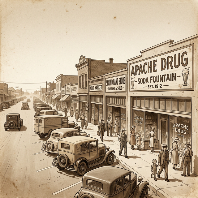 Mesa, Arizona Main Street in the 1930s, with angled parking, period automobiles, and the Apache Drug storefront