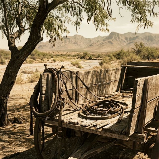 A weathered freight wagon with leather harness draped over the side, parked under a mesquite tree in the Gila Valley of southern Arizona
