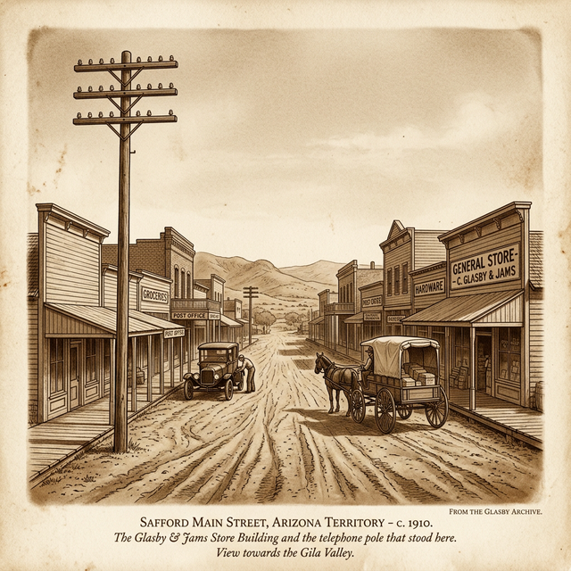 Safford, Arizona Main Street, circa 1910, with unpaved road, wooden storefronts, and the Gila Valley hills in the distance