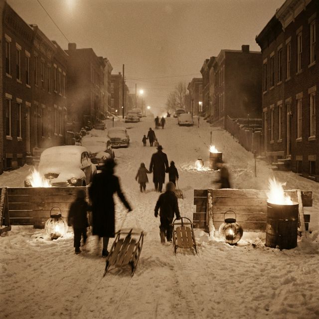 A 1940s Washington D.C. neighborhood street at night in the snow with burning steel drum fires