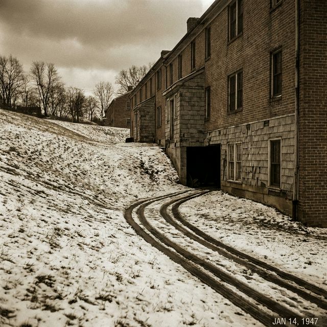A steep, snowy, grassy hill behind a 1940s brick housing project leading toward a dark crawl space