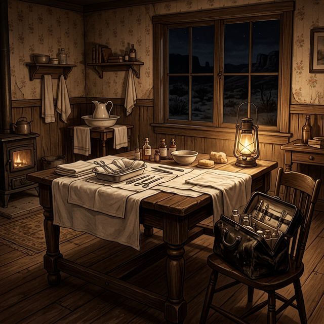 A frontier doctor's dining room repurposed as an emergency operating theater, 1890s Arizona