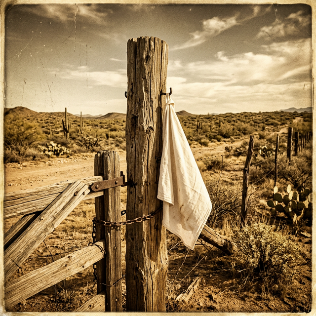 A white tea towel hanging from a sun-bleached wooden ranch gate in the arid Gila Valley