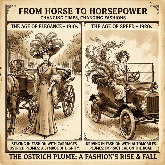 Side-by-side illustration showing a fashionable woman with ostrich feathers in a horse-drawn carriage versus the same woman losing her plumes to wind in an open automobile