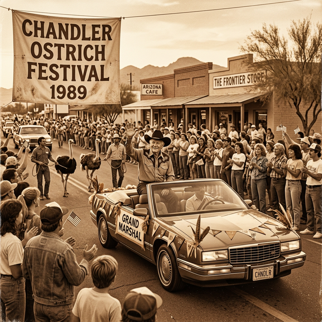 Grandpa Earl Ellsworth riding as Grand Marshal of the first Chandler Ostrich Festival parade, 1989