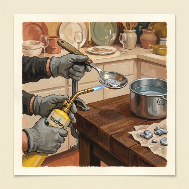 Close-up of hands melting lead in a spoon over a propane torch, with a bowl of cold water nearby