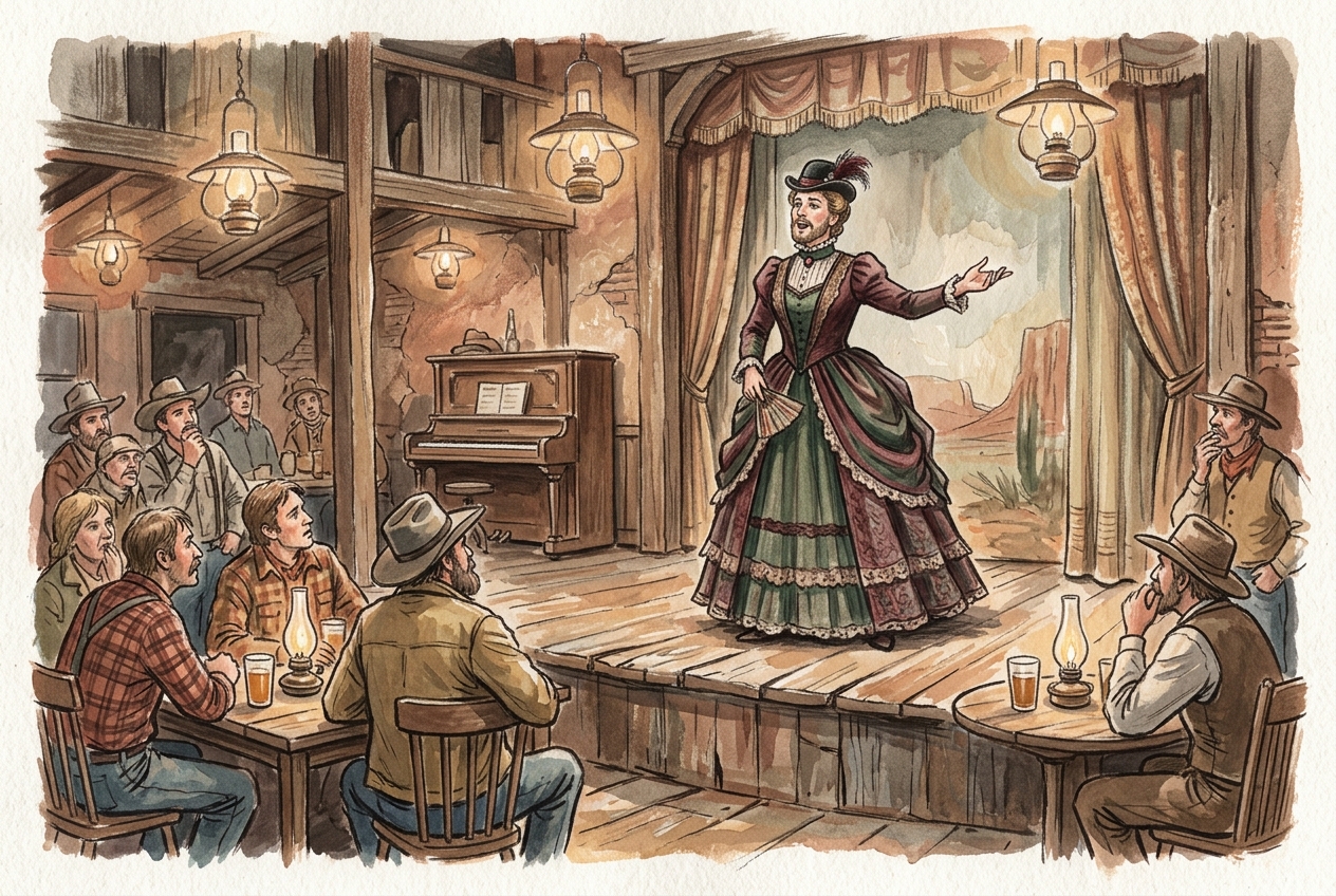 Madame Pattirini performing on stage inside a rustic saloon