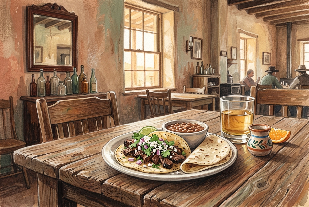 A craft saloon table with Sonoran food and a glass of mescal